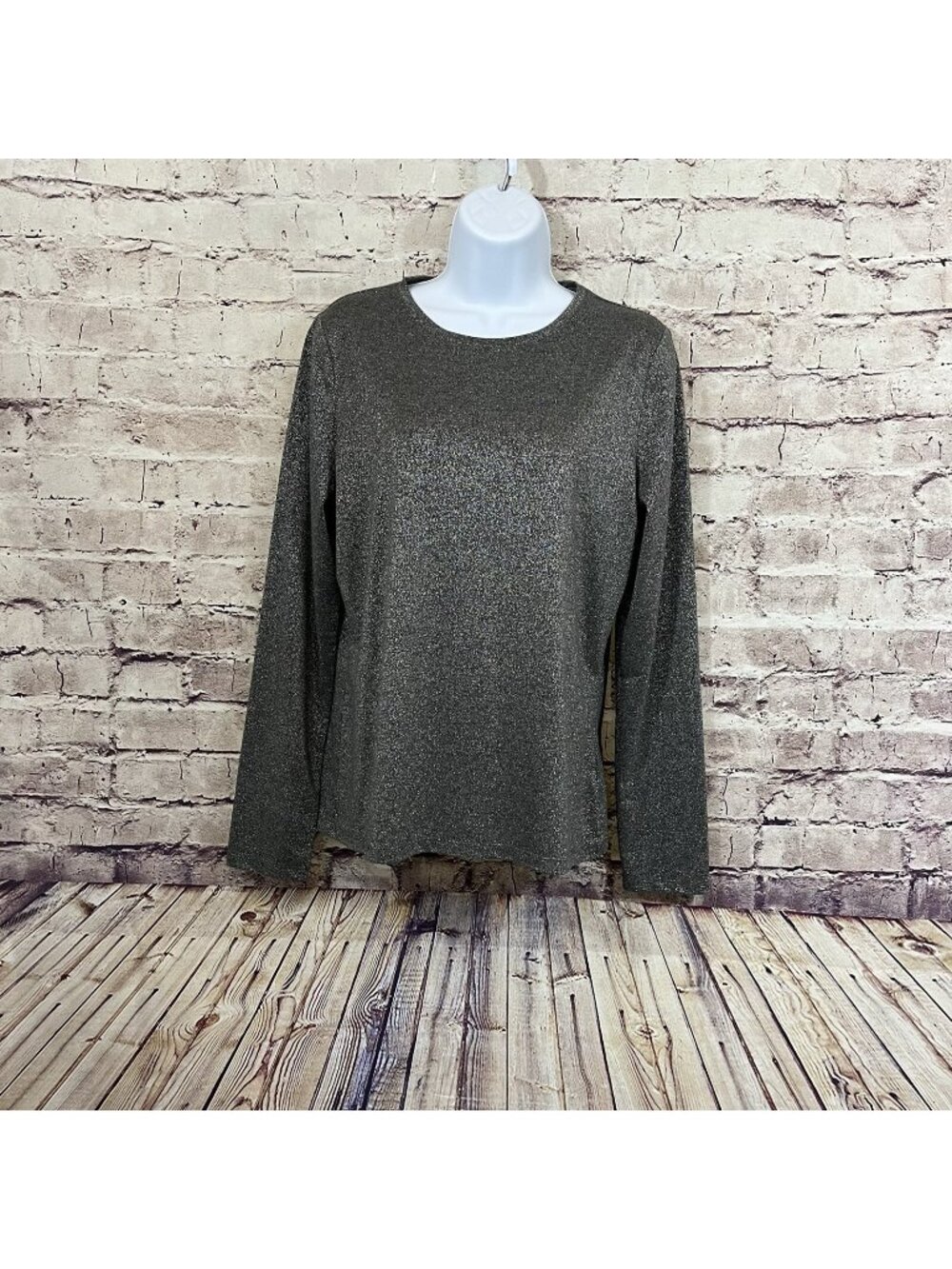 Talbots Gray Silver Shiny Metallic Pullover Long Sleeve Top